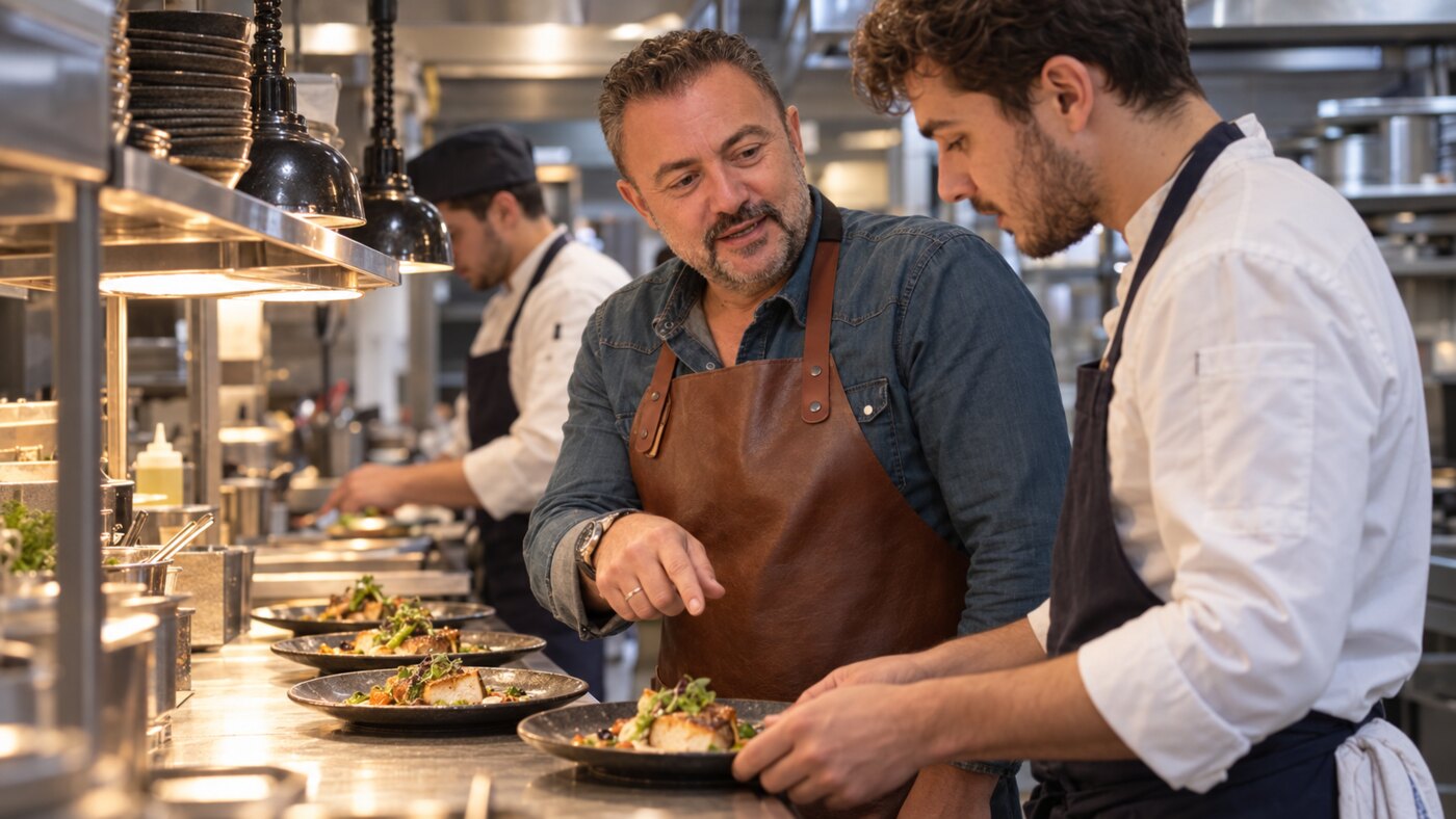 Patrice Charbonnel échange avec un chef pendant un service en cuisine